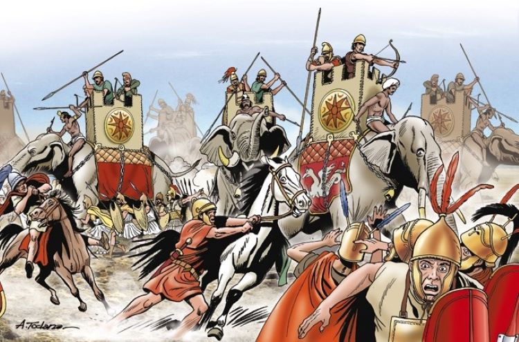 Illustration of Angelo Todaro showing the elephants of Pyrrhus crushing Roman cavalry at the Battle of Heraclea.