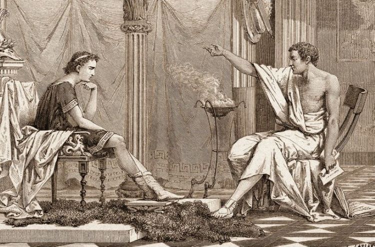 Illustration of Aristotle teaching Alexander; the situation after Philip II's murder required a cautious political approach by the new king.