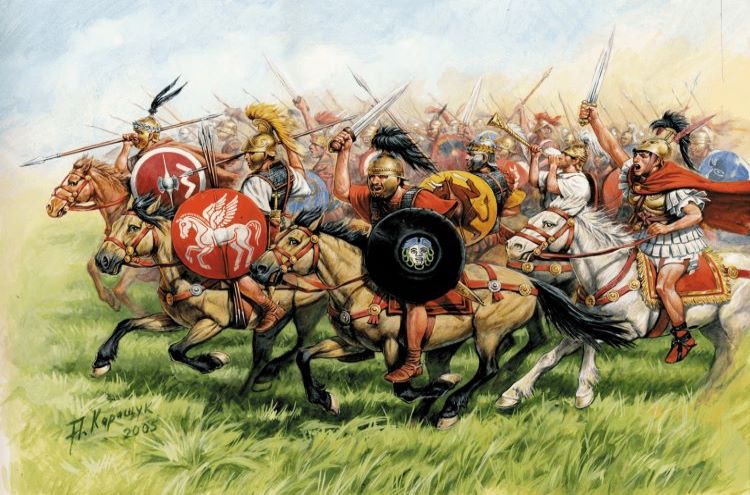 Depiction of the cavalry fighting for the Romans; they were largely composed of allied cavalrymen as early Romans themselves preferred hand to hand combat instead.