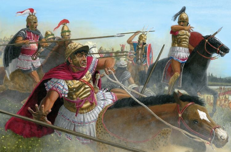 Depiction of Pyrrhus of Epirus losing his horse and getting wounded at the battle of Heraclea.