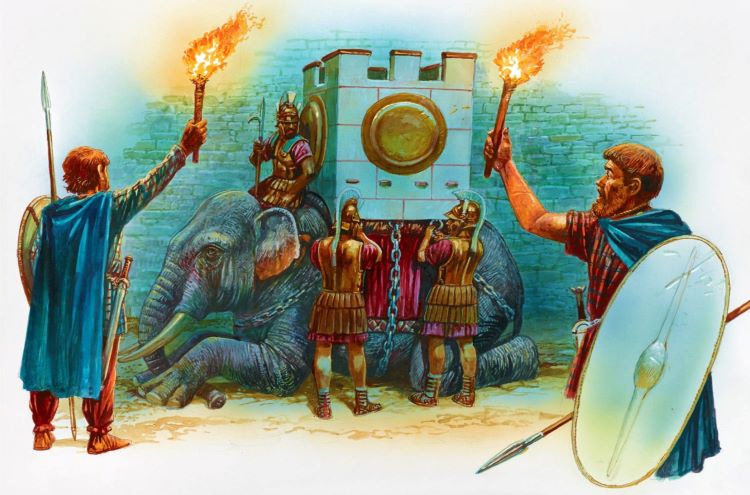 Depiction of an Indian war elephant being prepared for battle by the Epirotes.