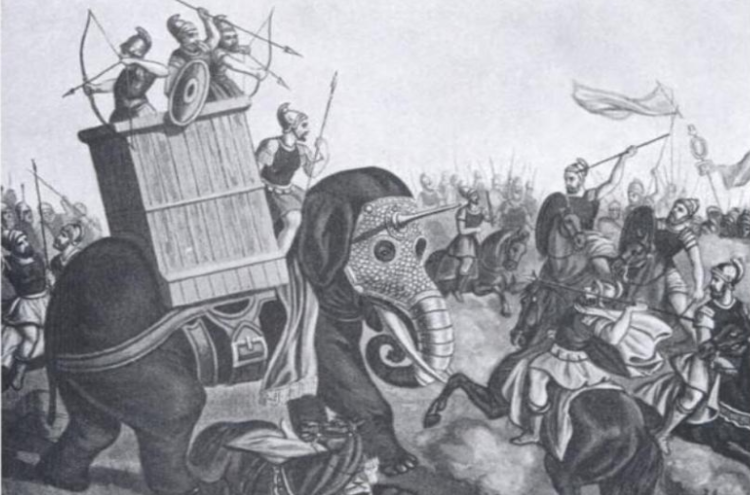 Depiction attributed to T.H. McAllister showing a war elephant charging enemy cavalry.