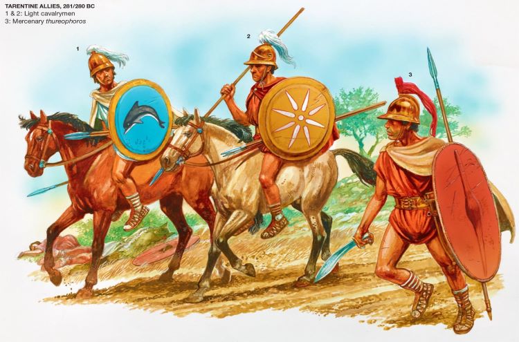 Illustration of the Tarentine soldiers enrolled in Pyrrhus army; I) Cavalrymen II) Tarentine cavalrymen III) Mercenary thureophoros.