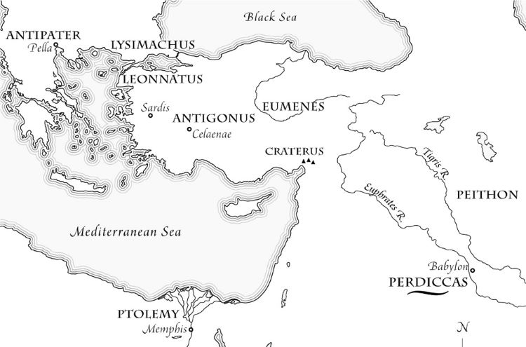 Map showing the appointed provinces/satrapies to the respective generals in the first division of satrapies at Babylon (Europe & Middle East).