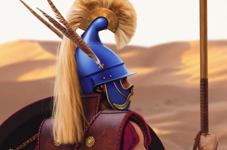 A Hypaspist (“Shield Bearer”) on guard in a desert - Illustration by Joan Francesc Oliveras Pallerols.