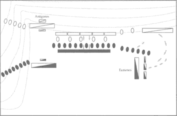 First stage of the battle of Paraitakene: Peithon, Antigonus’ commander of the left-wing cavalry, outflanks the enemy despite orders to avoid battle there. Retrieved from: Great Battles of the Hellenistic Age.
