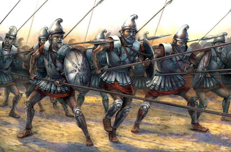 The Argyraspides (“Silver Shields”) in battle formation; they were an elite unit of aged pike-men that served under Eumenes of Cardia at Paraitakene.