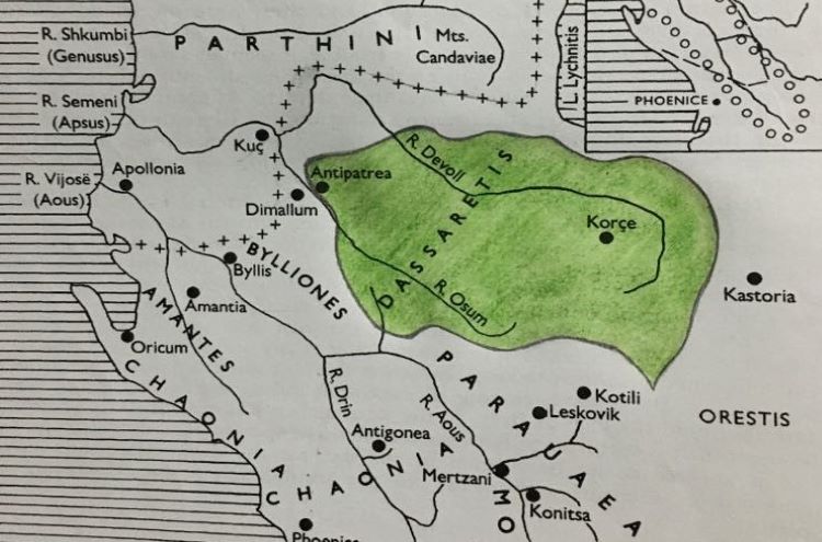 Map of the southern Illyria during the early Roman intervention in Illyria; Retrived from N. G. L. Hammond as published in The Illyrian Atintani, the Epirotic Atintanes and the Roman Protectorate. The Journal of Roman Studies. Vol. 79. Pp. 11-25 (Dassaretis highlighted in light green on top of the original map).