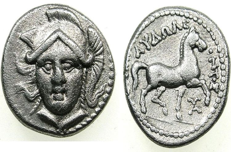 Silver Drachma issued in the time of king Audoleon circa 315-286 B.C.E. bearing the inscription “Paeonia” and the monogram “A” for “Audoleon”. Dimensions: 3.02 g, 14 mm, 2h. Minted in Astibos (modern Stip) or Damastion (modern Artana;Novo Brdo).