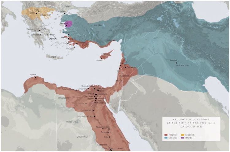 Map of the Hellenistic kingdoms of Alexander’s Successors (note Paeonia of Audoleon standing out of the European part of these states).