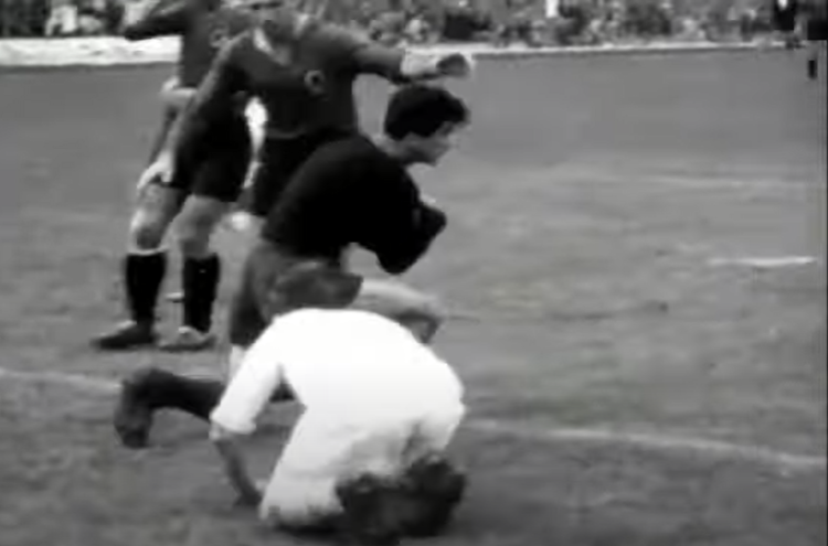 Qemal Vogli (wearing a black shirt on the center) controlling the ball for Albania against Poland in a friendly match in Warsaw on 7 January 1953. Poland won this game 2-1. At that same year (on 29 November), Albania defeated Poland 2-0 in Tirana. This is a rare frame retrieved from a digitalised video chronicle of the National Polish Archive.